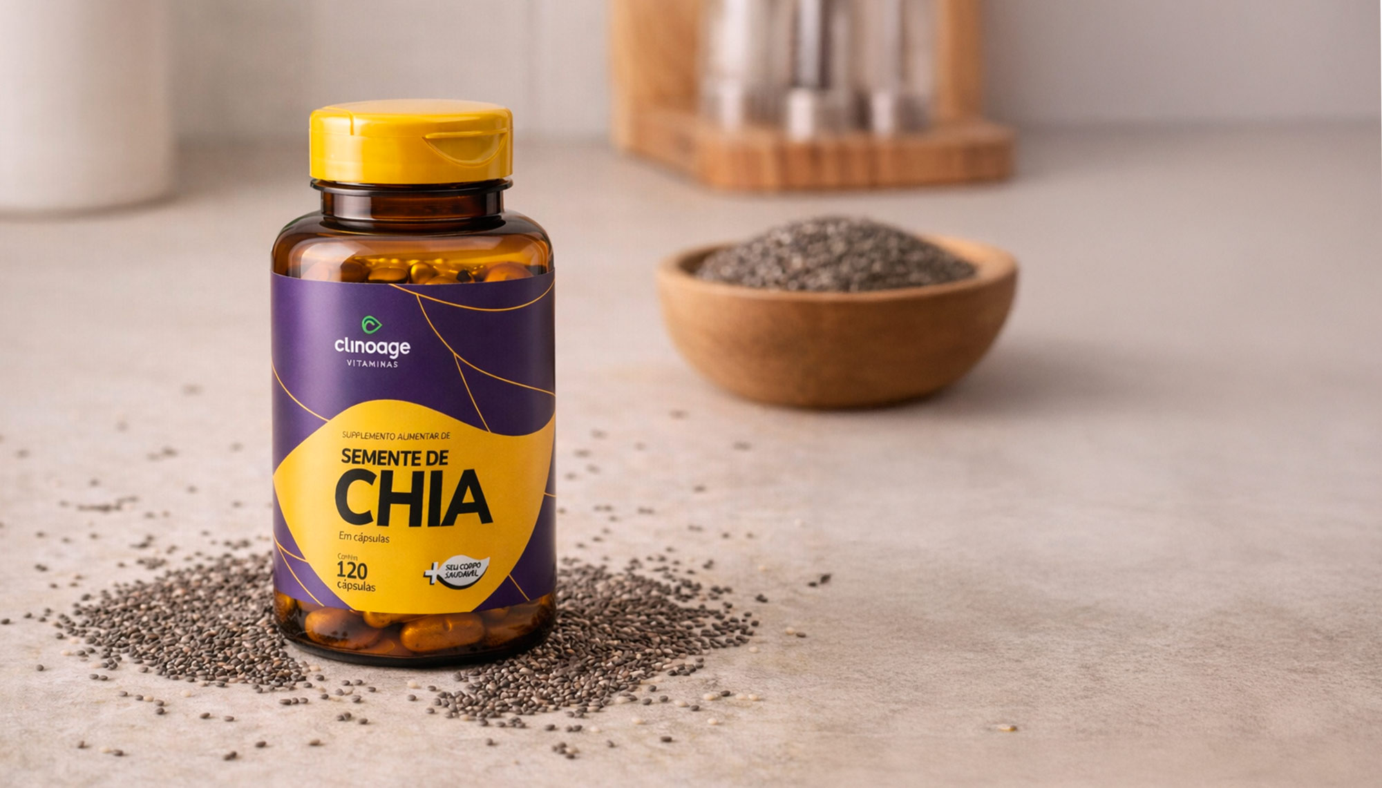 Pote de Suplemento alimentar em cápsulas a basse de Semente de Chia
